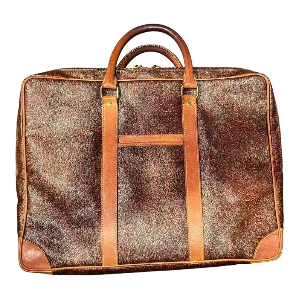 ETRO Vintage Paisley Bag Leather Briefcase Travel Office Dual Top Handle Lined